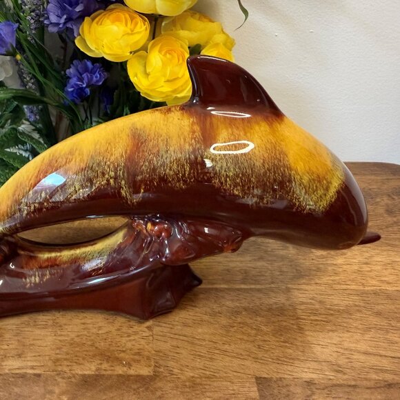 Blue Mountain Pottery Dolphin‎ Figurine Harvest Gold Rare Drip Glaze MCM Canada - Picture 1 of 6